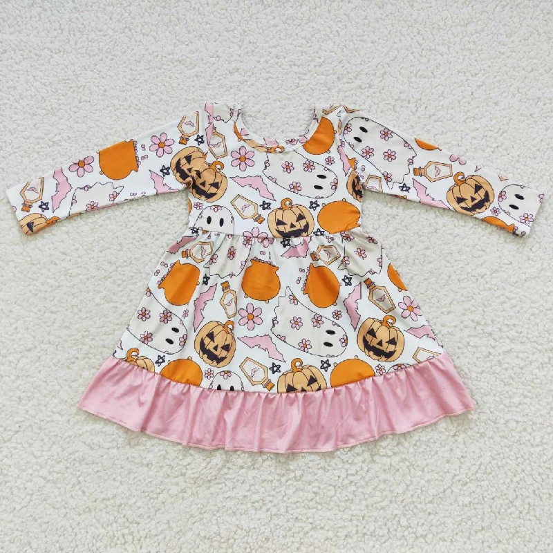 Exquisite Embroidery Halloween pumpkin ghost floral pink lace print long sleeve dress GLD0244