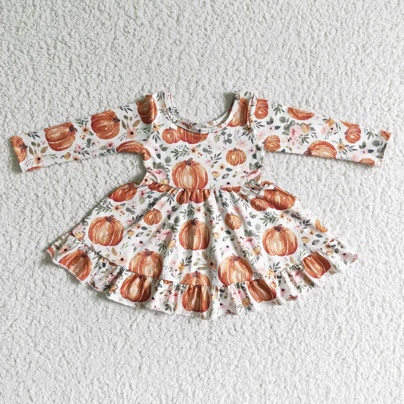Retro Fashion Autumn Pumpkin pattern long sleeve twirl dress for girl  halloween kids o-neck frock