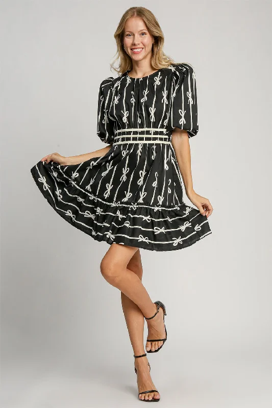 Eye-catching Personality Ribbon Print Frill Contrast Velvet Trim Half Sleeve Dress