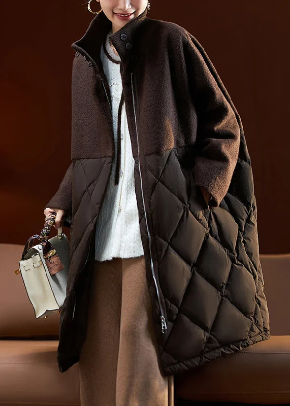 Elegant Wear French Coffee Zip Up Pockets Woolen Patchwork Duck Down Parka Winter