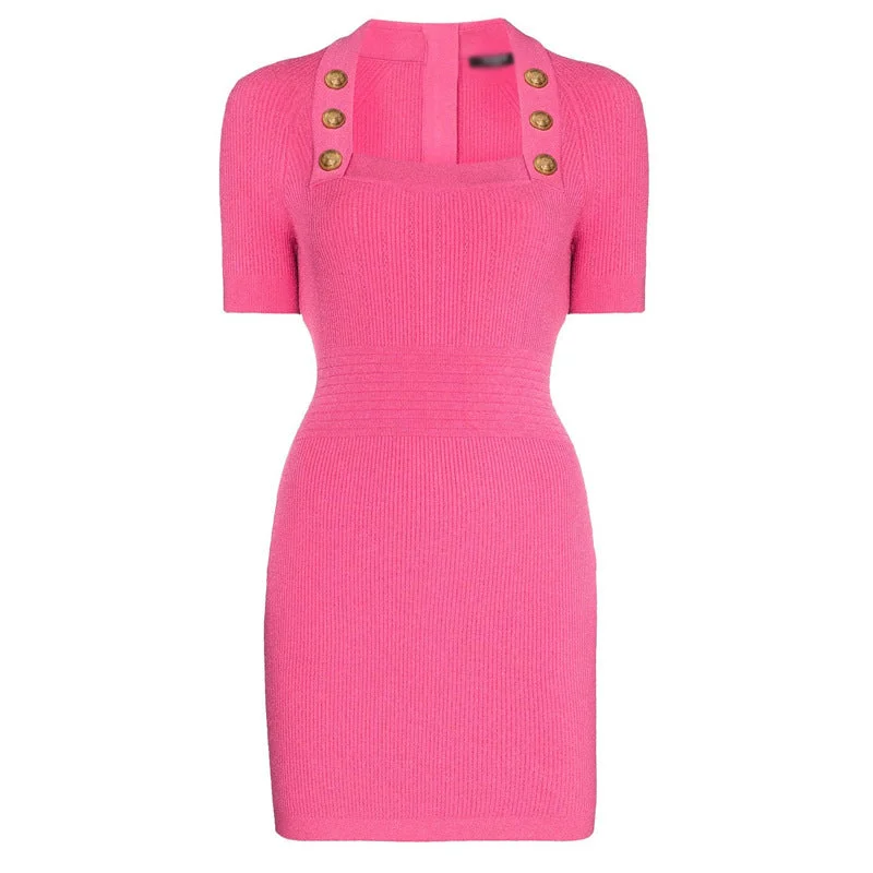Street Charm Smocked Square Collar Short Sleeve Zip Back Office Midi Dress (Rose Red/Black)
