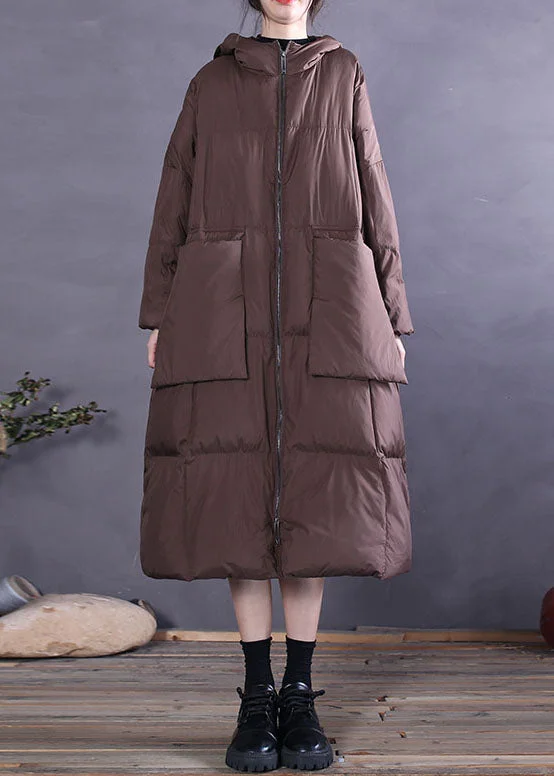 French Style Chocolate Pockets Duck Down Down Coat Zip Up Winter
