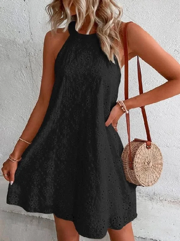 Retro Prints Solid Color Halter Neck Lace Shift Mini Dress (4 colors)