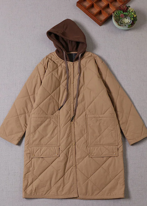 Luxury And Elegant Boutique Khaki Hooded Patchwork Fine Cotton Filled Parka Winter