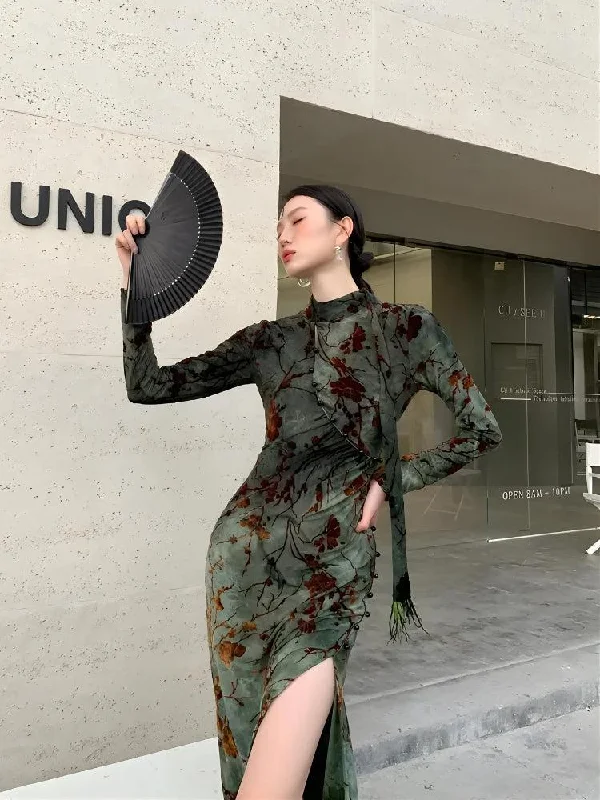 Fashion Innovation Fairycore Floral Slit Qipao Mini Dress