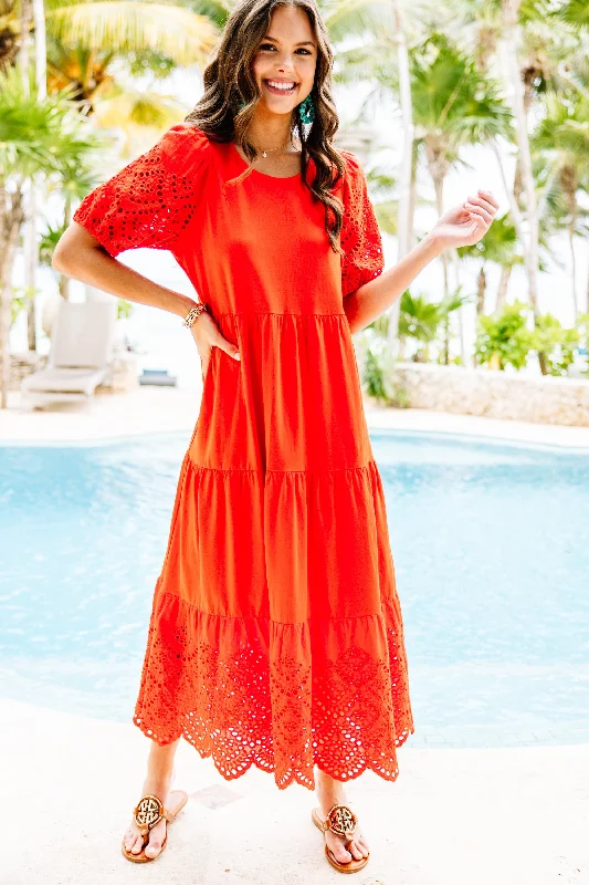 Elegant Temperament All You Need To Know Red Eyelet Midi Dress