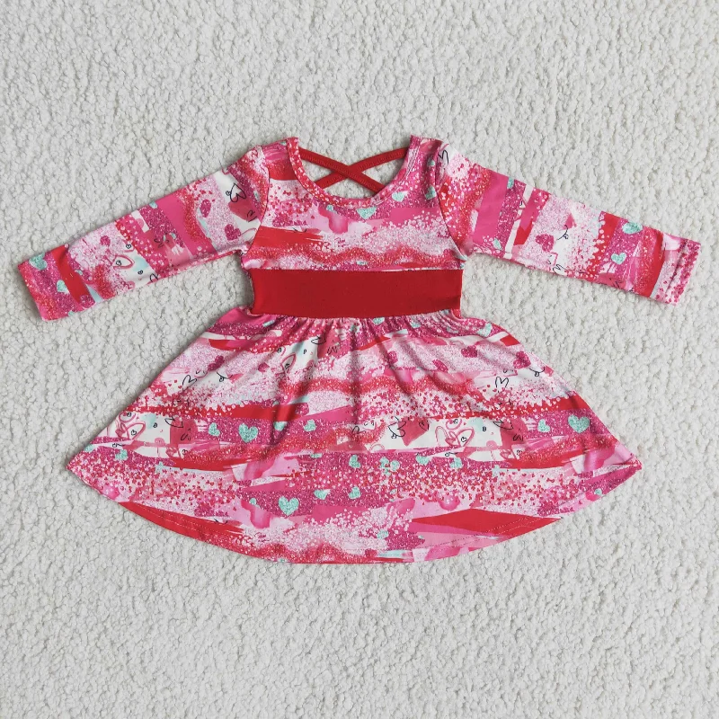 Personalized Design girl  valentine's blue heart long sleeve frock