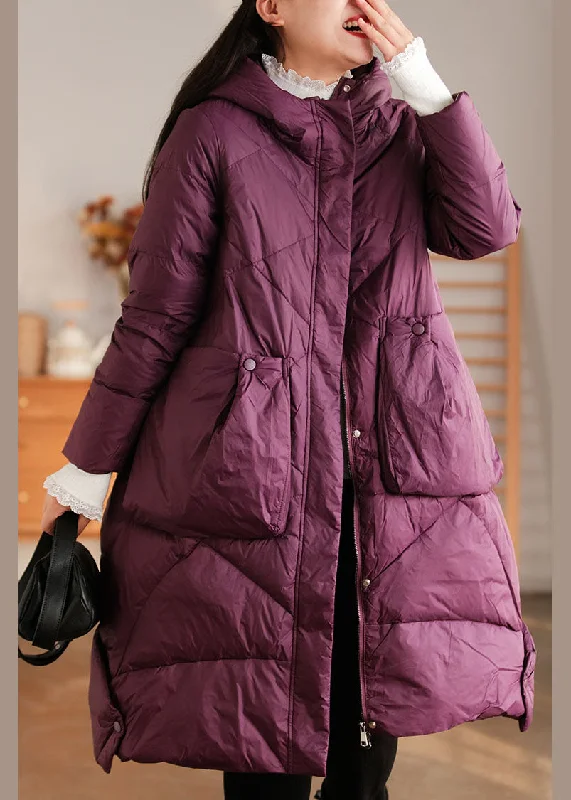 European Plan Elegant Purple Hooded Pockets Duck Down Down Coat Winter