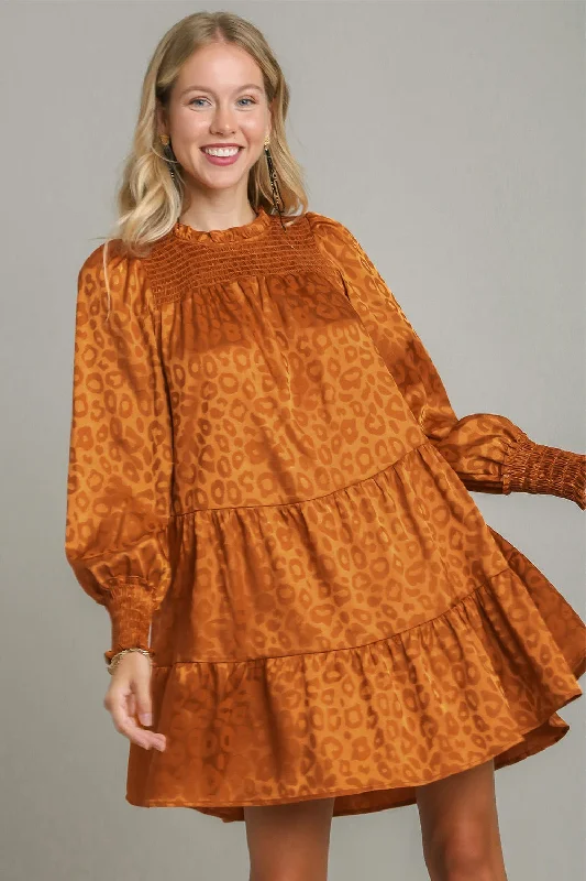 Luxury And Elegant Smocked Leopard Long Sleeve Tiered Dress