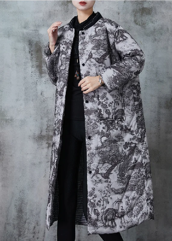 Breathable Design Vintage Grey Print Pockets Fine Cotton Filled Coats Winter