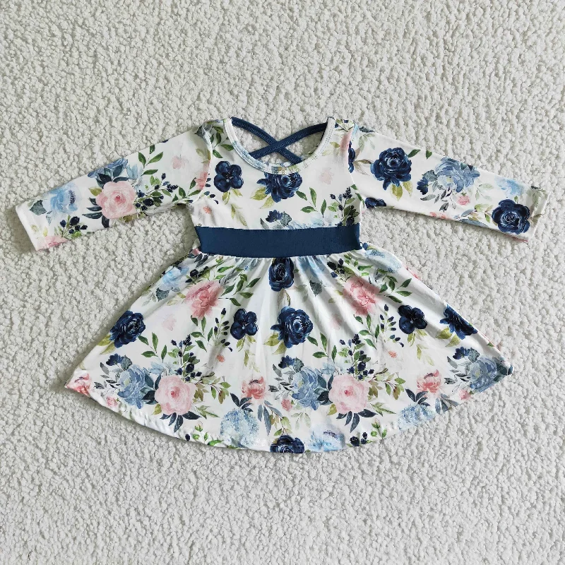 High Street Style girl long sleeve twirl dress flowers pattern frock with belt
