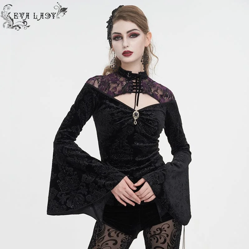 Age-reducing Style Women's Gothic Cutout Flared Sleeved Floral Embossed Shirt