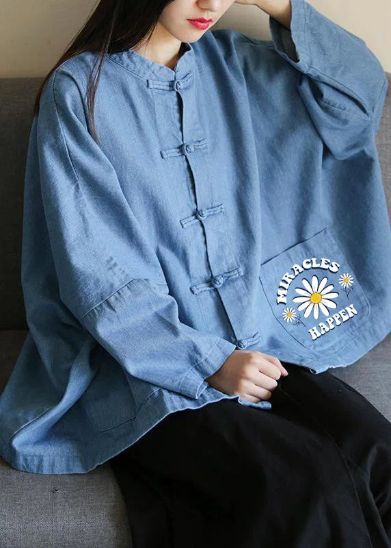Fresh And Fashionable Loose stand collar Chinese Button clothes For Women Sleeve denim light blue-chrysanthemum shirts Fresh And Fashionable Loose stand collar Chinese Button clothes For Women Sleeve denim light blue-chrysanthemum shirts