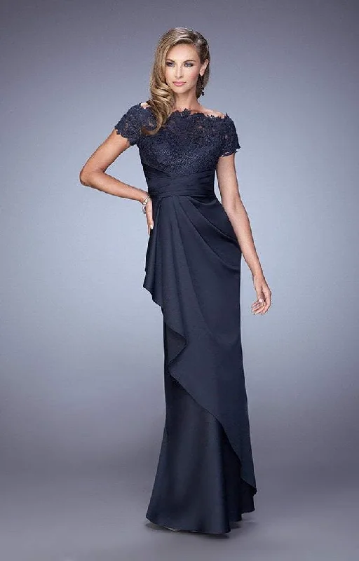 Avant-garde Design La Femme - Lace Ruched Ruffled Accented Evening Dress 21620SC - 2 Pcs. Silver In size 4 and 18 Available