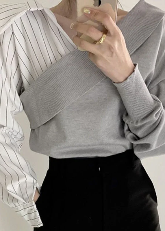Personalized Clothing DIY Grey V Neck Cross Patchwork Knit Shirt Tops Spring