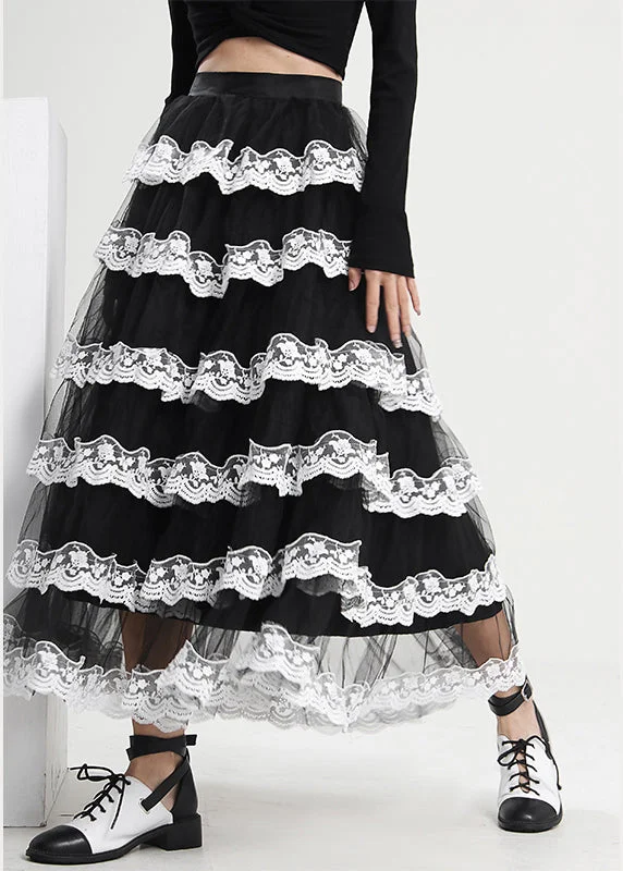 Celebrity Must-have Boho Black Ruffled Patchwork Tulle Skirt Spring