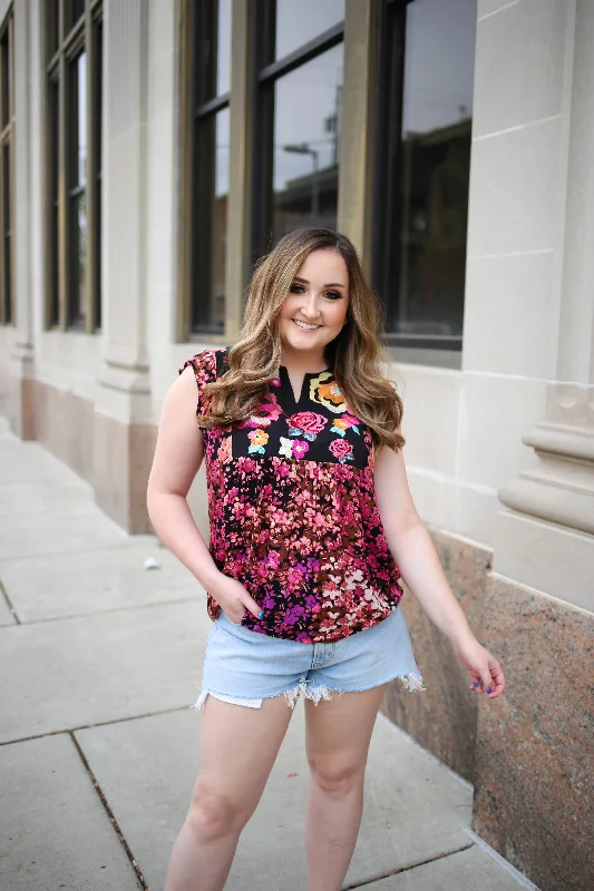 Practical Style Black and Pink Embroidery Floral Print Top | Boutique Elise | Maddie Practical Style Black and Pink Embroidery Floral Print Top | Boutique Elise | Maddie