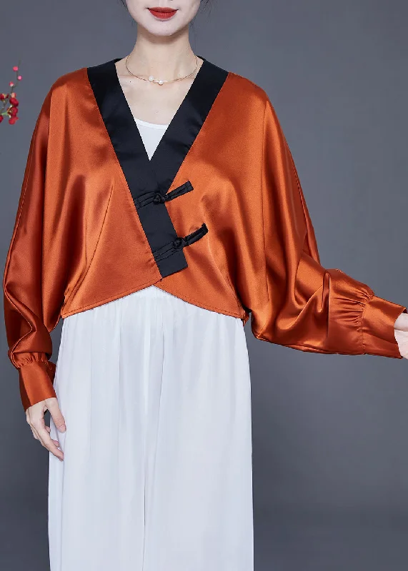 Advanced Customization Art Caramel Oversized Patchwork Chinese Button Silk Shirt Spring Advanced Customization Art Caramel Oversized Patchwork Chinese Button Silk Shirt Spring