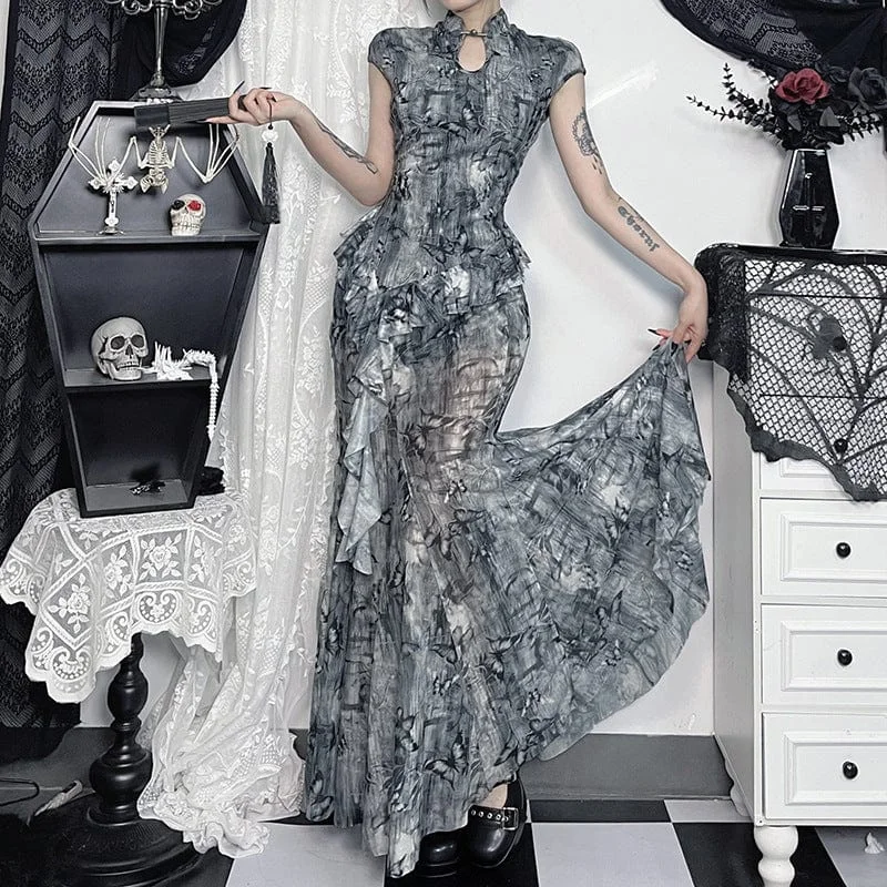 High Street Design Women's Grunge Butterfly Ruffled Hem Maxi Skirt