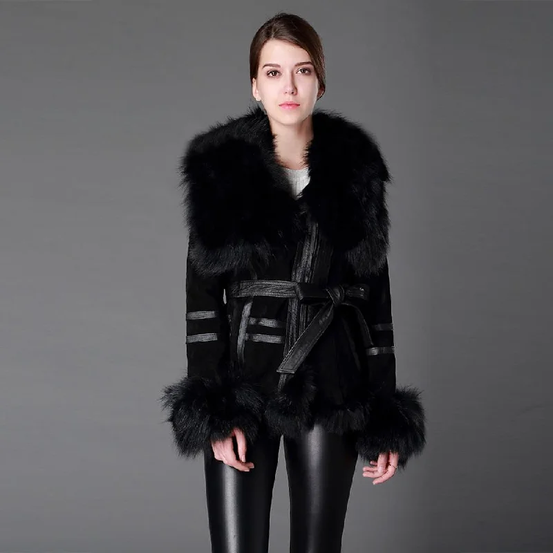 Youthful Street Fashion Genuine Leather Suede Fur Wide Collar, Trim, Cuffs Coats