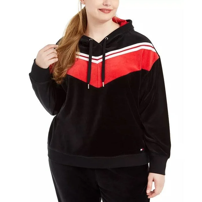 Embroidered Letters Tommy Hilfiger Women's Sport Plus Size Chevron Velour Hooded Sweatshirt Black Size 2X Embroidered Letters Tommy Hilfiger Women's Sport Plus Size Chevron Velour Hooded Sweatshirt Black Size 2X