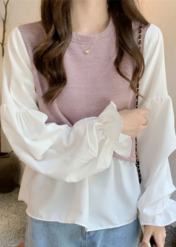 Classic And Versatile Light Purple Patchwork Cotton Fake Two Piece Shirt Lantern Sleeve Classic And Versatile Light Purple Patchwork Cotton Fake Two Piece Shirt Lantern Sleeve