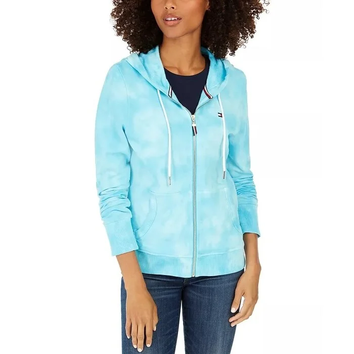 Embroidery Design Tommy Hilfiger Women's Cotton Tie-Dyed Hoodie Navy Size Medium