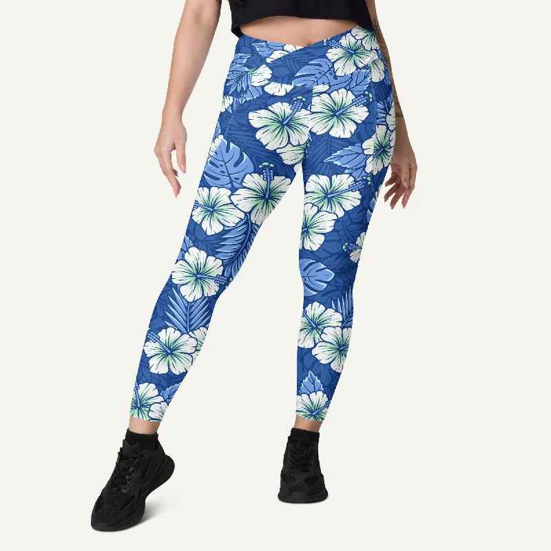 Noble And Elegant Hawaiian Aloha Blue Crossover Leggings With Pockets