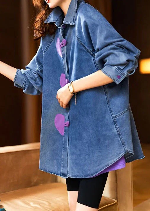 Fashionable Prints Stylish Blue Heart Button Patchwork Denim Shirts Tops Spring