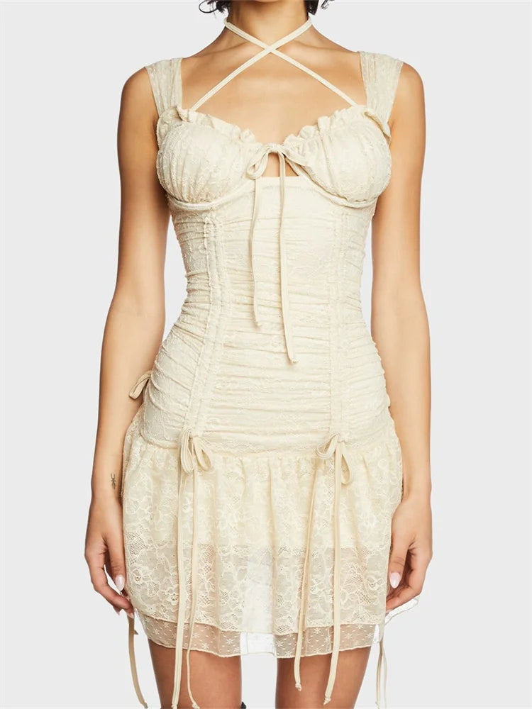 Urban Style Lace Floral Ruched Sleeveless Strap Mini Dresses