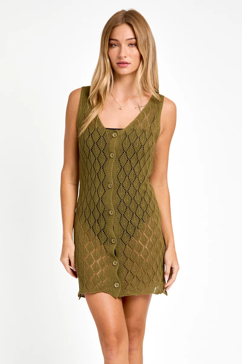 Fashionable Prints Sleeveless V-Neck Crochet Button Up Sweater Dress