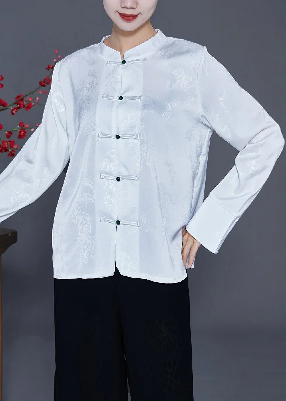 Personalized Design Chinese Style White Stand Collar Chinese Button Silk Blouse Top Spring Personalized Design Chinese Style White Stand Collar Chinese Button Silk Blouse Top Spring