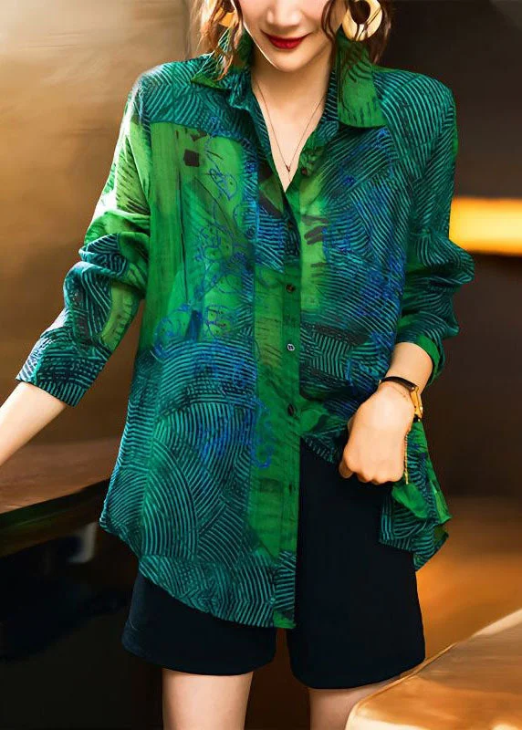 Floral Prints Fashion Green Peter Pan Collar Print Patchwork Cotton Shirts Long Sleeve Floral Prints Fashion Green Peter Pan Collar Print Patchwork Cotton Shirts Long Sleeve