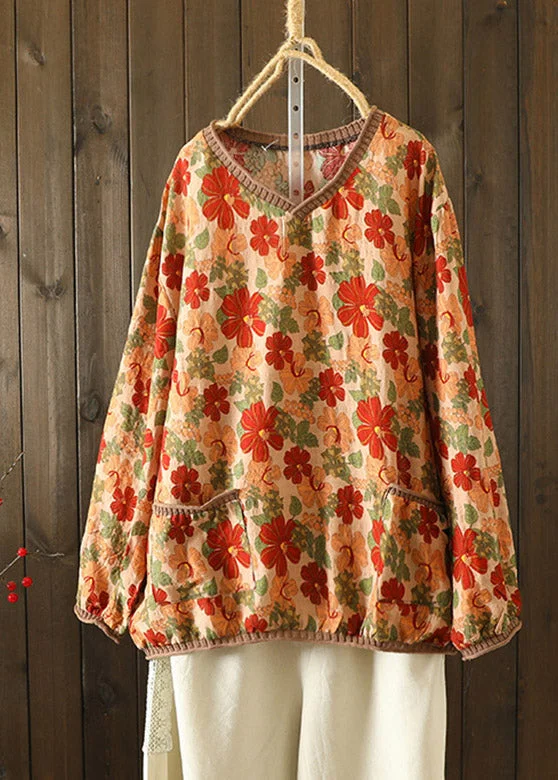 Exquisite Craftsmanship Women Apricot Yellow V Neck Print Knirt Patchwork T Shirt Long Sleeve