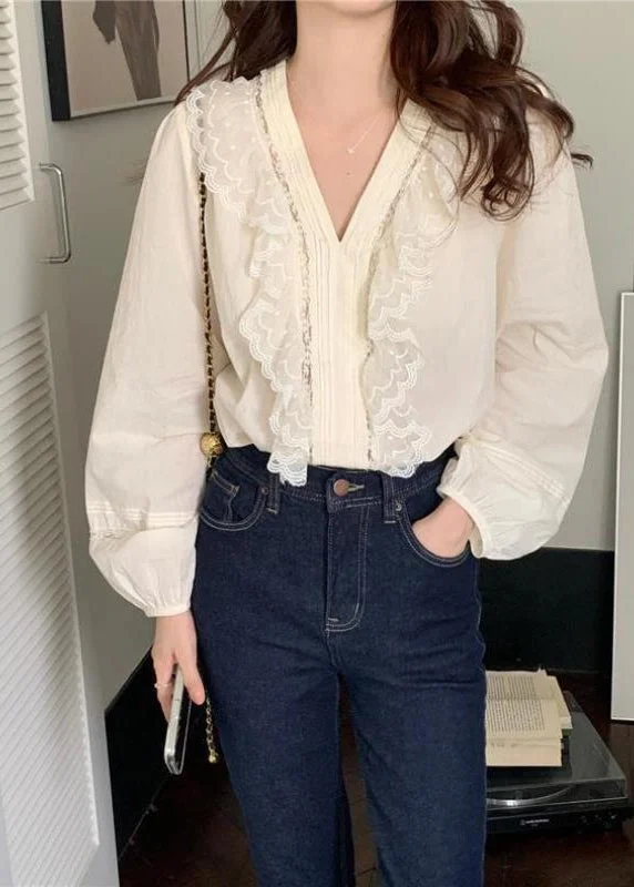 Fresh And Capable Classy White Ruffled Patchwork Lace Cotton Blouse Top Spring