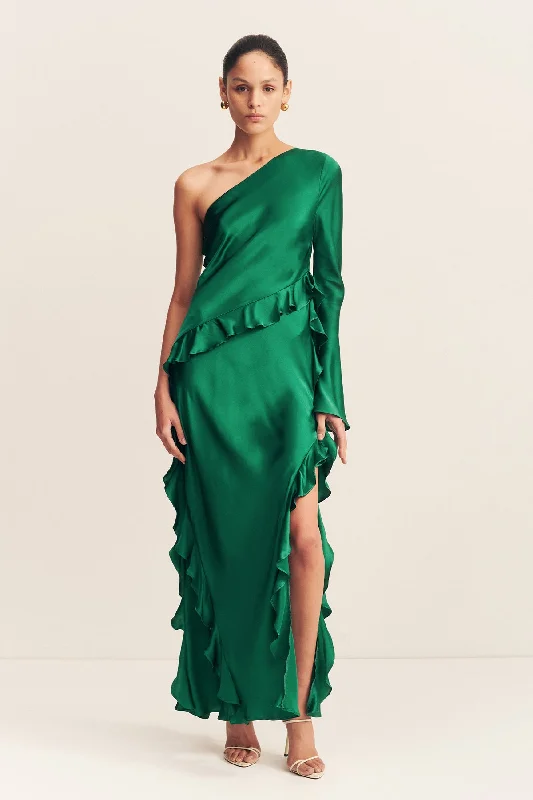 Basic Version ELLE SILK ASYMMETRICAL ONE SHOULDER RUFFLE MAXI DRESS - EMERALD GREEN