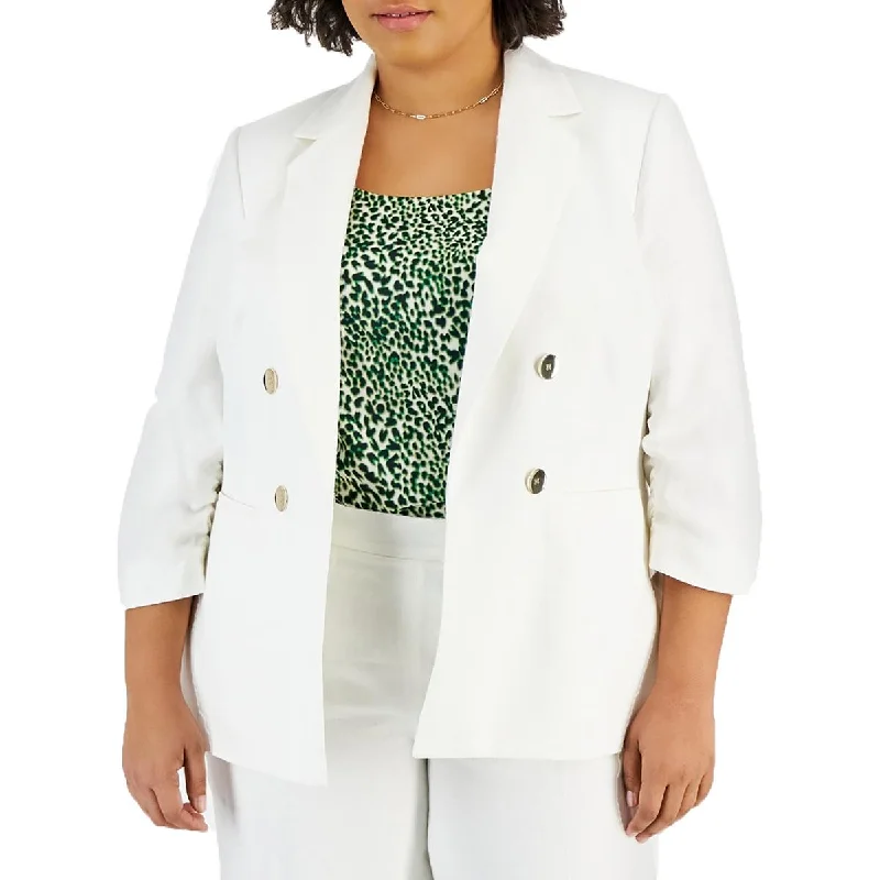 Creative Prints Bar III Womens Plus Ruched Linen Open-Front Blazer