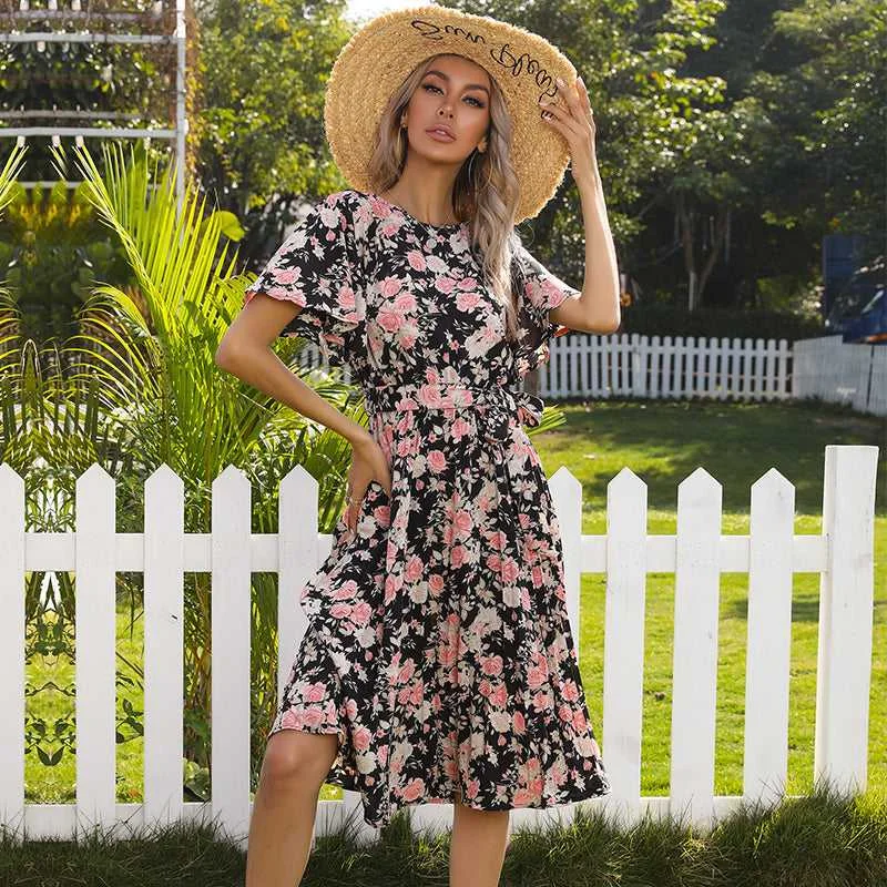 Street Charm KittenAlarm - Allover Floral Butterfly Sleeve Belted Pleated Dress