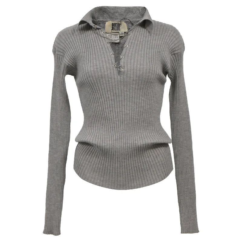High Street Fashion Jean Paul Gaultier Ribbed Knit V-Neck With Tie Sweater in Grey Wool