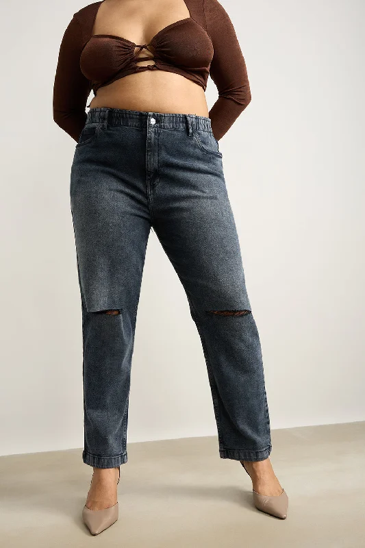 Perfect Tailoring Knee Ripped Charcoal Stretch Mom Jeans