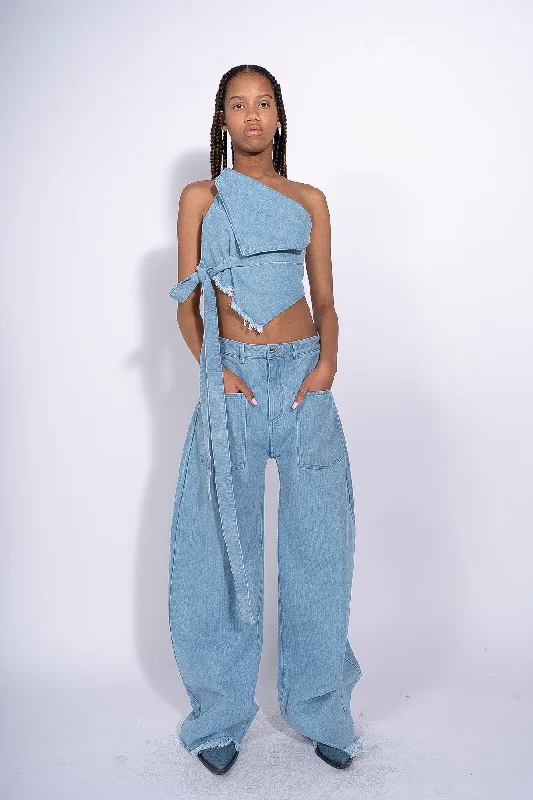 Floral Prints BLUE DENIM PATCH POCKET BOYFRIEND TROUSERS